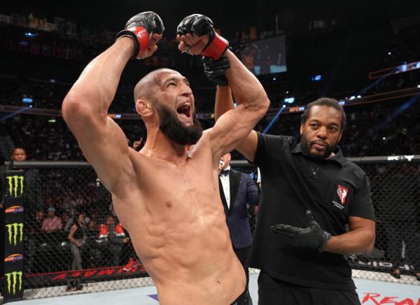 LAS VEGAS, NEVADA - SEPTEMBER 10: Khamzat Chimaev of Russia reacts after his submission victory over Kevin Holland in a 180-pound catchweight fight during the UFC 279 event at T-Mobile Arena on September 10, 2022 in Las Vegas, Nevada. (Photo by Jeff Bottari/Zuffa LLC)