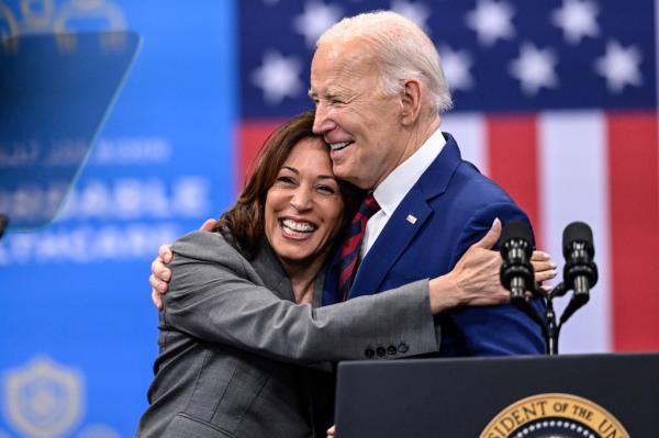 Vice President Kamala Harris embraces President Joe Biden after a speech on healthcare in Raleigh, N.C., Tuesday, March. 26, 2024. 