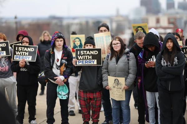 Students protesting for stricter gun co<em></em>ntrol laws after the shooting in Perry High School at the Iowa state capitol building in Des Moines on Jan. 8, 2024.