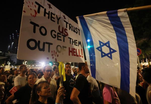 Protesters call for the release of people kidnapped by Hamas during a demo<em></em>nstration near HaKirya ba<em></em>se in Tel Aviv, Israel.