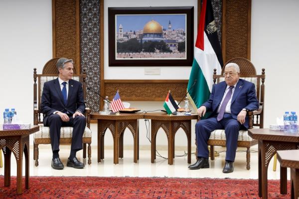 Secretary of State Antony Bl<em></em>inken meets with Palestinian President Mahmoud Abbas amid the o<em></em>ngoing co<em></em>nflict between Israel and the Palestinian Islamist group Hamas, at the Muqata in Ramallah in the Israeli-occupied West Bank, November 5, 2023.