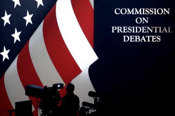 The set is shown during a presidential debate at UNLV on Oct. 19, 2016, in Las Vegas.