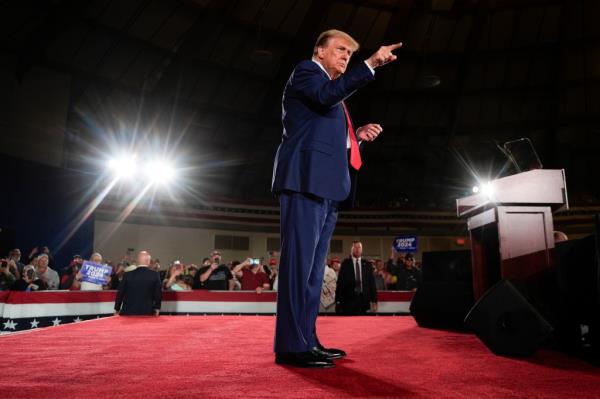 Republican presidential candidate former President Do<em></em>nald Trump gestures after speaking at a campaign rally on Wednesday, May 1, 2024, at the Waukesha County Expo Center in Waukesha, Wis