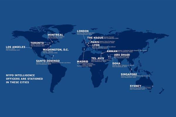 A world map shows wher<em></em>e the NYPD placed its officers in the years after the Sep. 11 terror attacks.