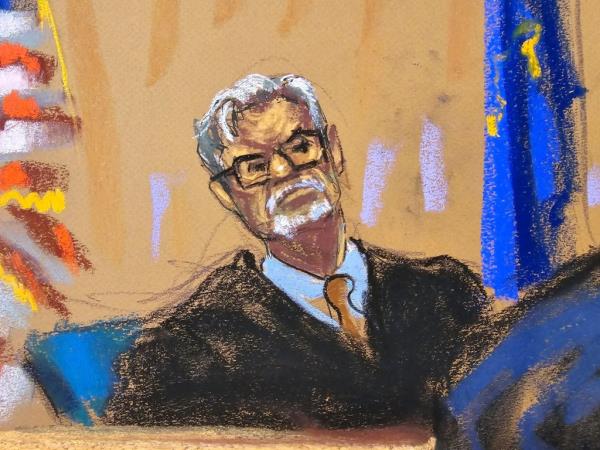 Courtroom sketch of Justice Juan Merchan presiding over former U.S. President Do<em></em>nald Trump's criminal trial, with Michael Cohen being cross-examined by defense lawyer Todd Blanche