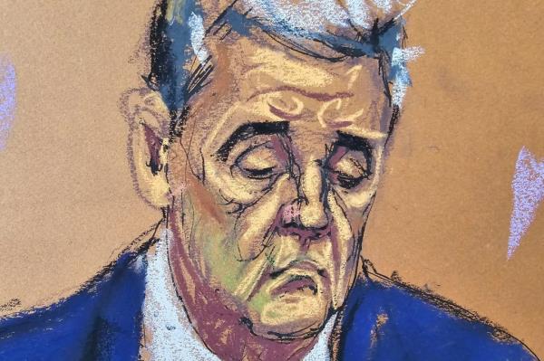 Michael Cohen testifying in court during Do<em></em>nald Trump's criminal trial as depicted in a courtroom sketch