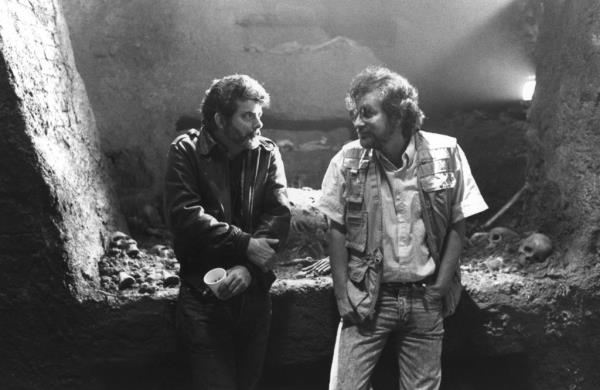 Executive producer George Lucas and director Steven Spielberg on the set of 