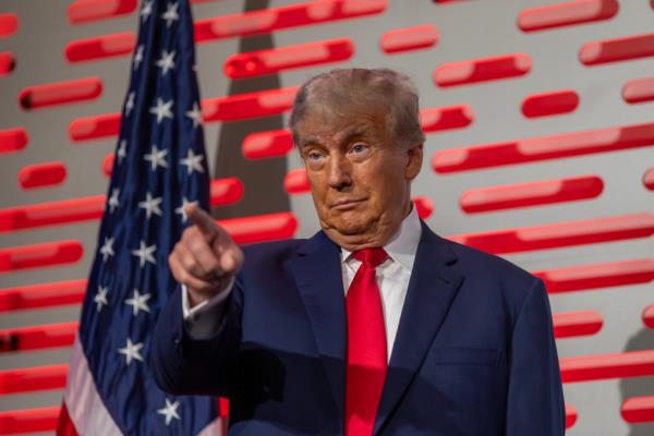 Former U.S. President Do<em></em>nald Trump speaking at the California GOP co<em></em>nvention in Anaheim, California, on September 29, 2023