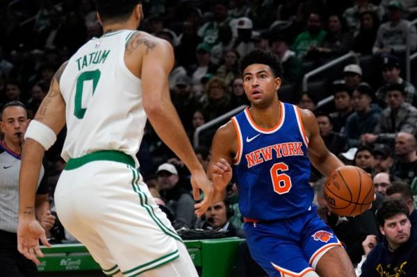 nicks guard Quentin Grimes (6) drives to the basket against Boston Celtics forward Jayson Tatum