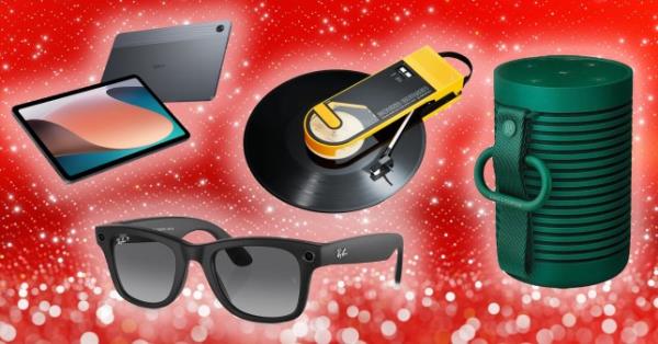 Comp image including a Bang & Olufsen Explore, Oppo Pad Air, Ray-Ban me<em></em>ta Smart Glasses (2nd Gen) and the Audio Technica Sound Burger. 