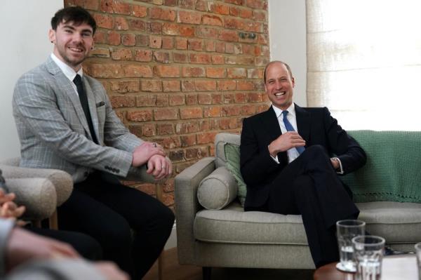 Prince William, Prince of Wales reacts as he visits the new centre at James' Place Newcastle, in Newcastle-upon-Tyne,