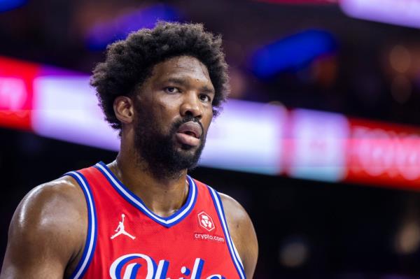 Joel Embiid reacts during the 76ers' Game 4 loss to the Knicks on April 28, 2024.