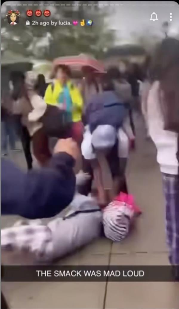 SCREENShot of a tik tok video of a girl attacking a victim outside a co<em></em>ney island school