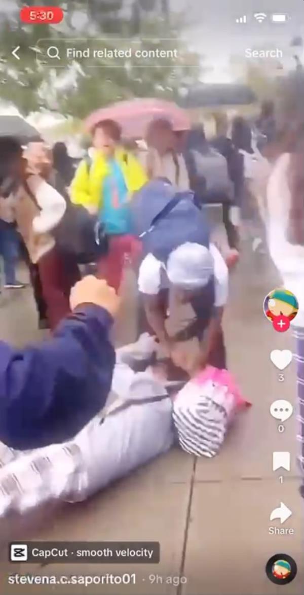 TikTok screenshot of an attack outside Mark Twain school in Co<em></em>ney Island showing one girl pummeling another one who is on the floor.