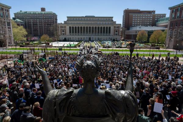 Pro-Palestine rally on the steps of Lowe Library at Columbia University in New York City, April 22, 2024