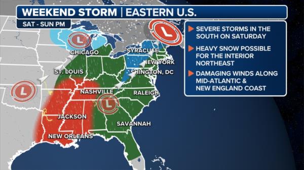 FOX Weather graphic showing radar forecast for this weekend