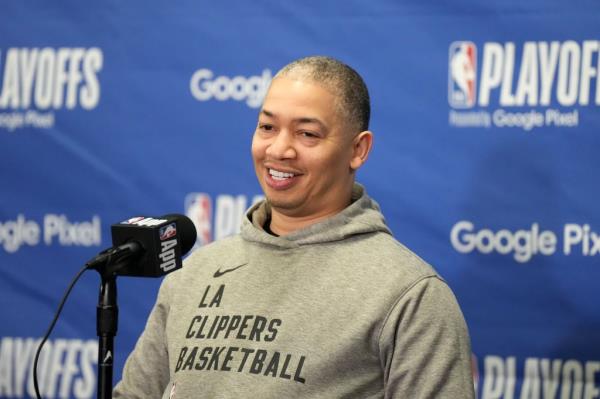 Clippers coach Tyronn Lue at a press co<em></em>nference during game five of the first round for the 2024 NBA playoffs at Crypto.com Arena.  