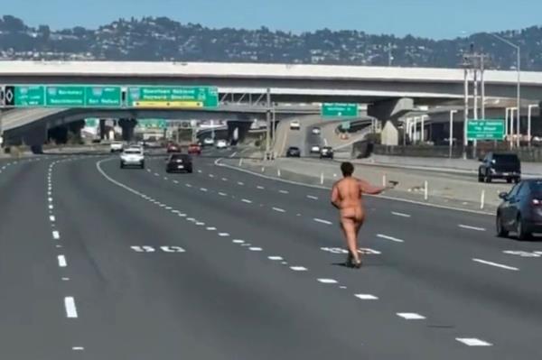 A driver got out of her car naked and started firing a gun Tuesday on the San Francisco–Oakland Bay Bridge, the California Highway Patrol said.