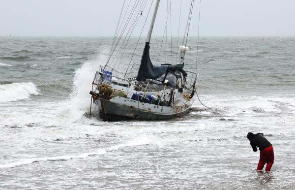 A boat washed ashore during the storm in Santa Barbara.