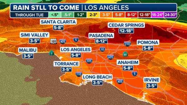 Rainfall forecast for the Los Angeles area through Tuesday, Feb. 6, 2024.</p>

<p>　　