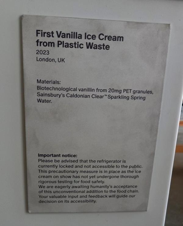 A sign explains the co<em></em>ntents of a special display freezer co<em></em>ntaining the world's first vanilla ice cream made with plastic waste at Central Saint Martins in London, Britain September 18, 2023. REUTERS/Stuart McDill