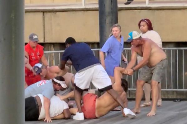 Fighting on the dock. 