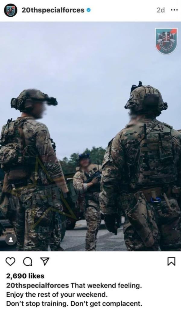 The 20th Special Forces Group’s official Instagram page posted a photo of three soldiers showing one of them wearing a patch appearing to show a Nazi symbol.