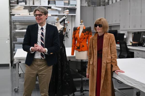 Head curator of the Anna Wintour Costume Center at the Metropolitan Museum of Art Andrew Bolton and Editor-in-Chief of Vogue Anna Wintour speak at The Metropolitan Museum of Art announcement of the Costume Institute's spring 2024 exhibition, 