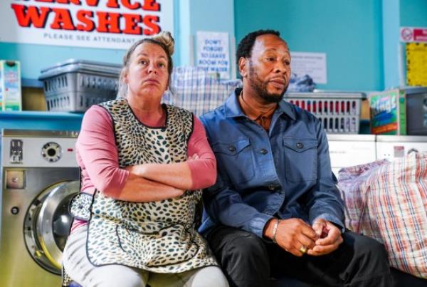 Karen and Mitch in EastEnders in the launderette 