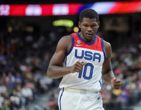 Anthony Edwards #10 of the United States runs on the court in the second half of a 2023 FIBA World Cup exhibition game against Puerto Rico