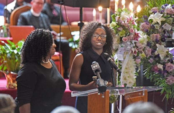 Amira Finch Johnson (pictured, glasses) and Elise's sister Kiya Ann Roberts, (pictured, left) speak highly of Elise at the service. (pictured)  141 South 9th Street, Mount Vernon, NY.  