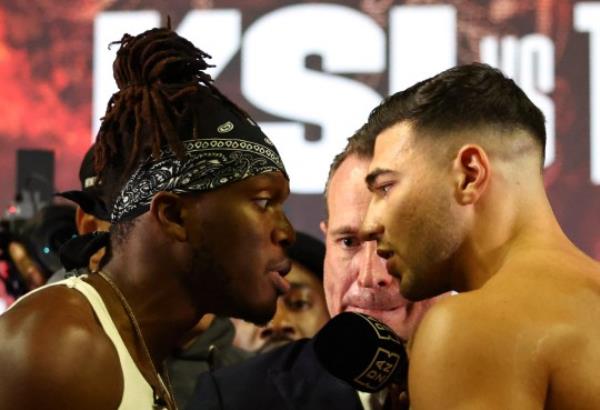 Boxing - X Series Press Co<em></em>nference - OVO Arena Wembley, London, Britain - August 22, 2023 KSI head to head with Tommy Fury as promoter Kalle Sauerland looks on during the press co<em></em>nference Action Images via Reuters/Andrew Boyers