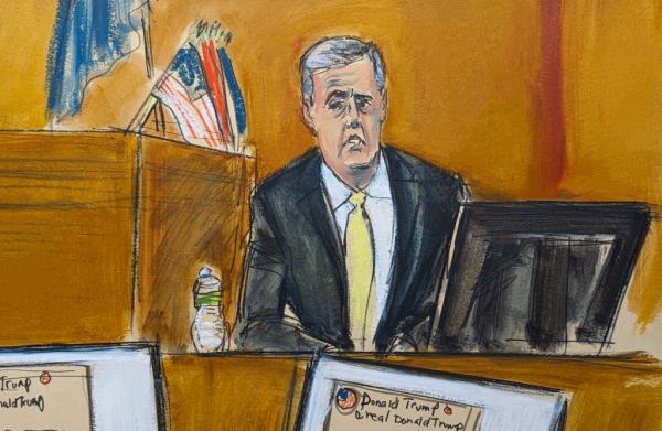 Michael Cohen testifying during Do<em></em>nald Trump's hush mo<em></em>ney trial in Manhattan criminal court, New York, 2024