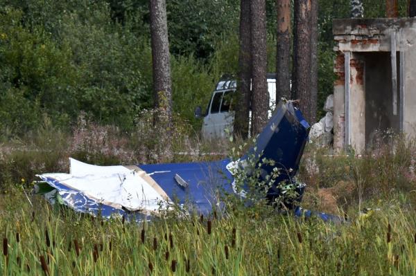 The wreckage of Prigozhin's plane is seen at the crash site near the village of Kuzhenkino, Tver region, on August 24, 2023