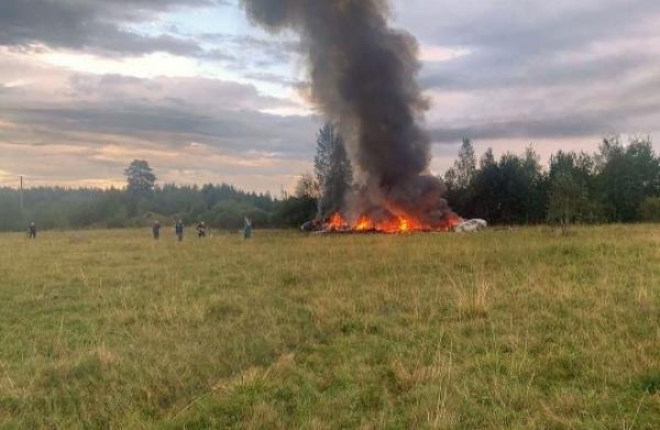 Mandatory Credit: Photo by Gray_Zone/UPI/Shutterstock (14066505a) A still image posted on a Wagner l<em></em>inked Telegram channel @grey_zone on August 23, 2023, shows rescuers work at the site of a plane crash near the village of Kuzhenkino, Tver region, Russia on August 23, 2023.. Russian Ministry of Emergency Situations said on Wednesday that a private plane crashed in Tver region, killing all 10 people aboard, while the Russian Federal Air Transport Agency, Rosaviatsia, said that Wagner chief Yevgeny Prigozhin was on the list of passengers. Russian Authorities Say Wagner's Prigozhin 'on board' Crashed Jet, Tver, Russian Federation - 23 Aug 2023