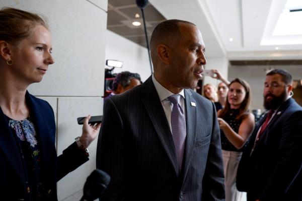 House Minority Leader Hakeem Jeffries (D-NY) speaks to reporters in the U.S. Capitol Building on July 13, 2023 in Washington, DC.