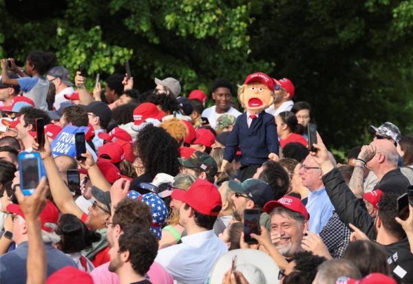 A puppet depicting former U.S. President and Republican presidential candidate Do<em></em>nald Trump is displayed at a campaign rally, at Crotona Park