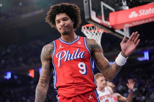 Philadelphia 76ers guard Kelly Oubre Jr. (9) reacts during the first half in Game 1 of an NBA basketball first-round playoff series against the New York Knicks, Saturday, April 20, 2024, at Madison Square Garden in New York.  