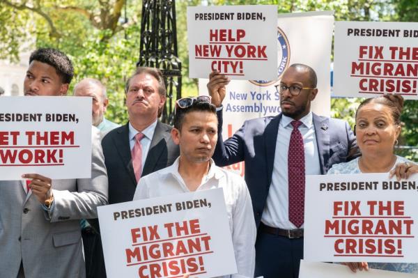 Rally calling upon President Joe Biden to declare a state of emergency on migrant crisis in NYC held in City Hall Park.