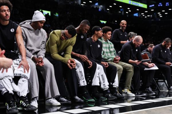 Brooklyn Nets players watch from the bench during the first quarter against the Milwaukee Bucks at Barclays Center.