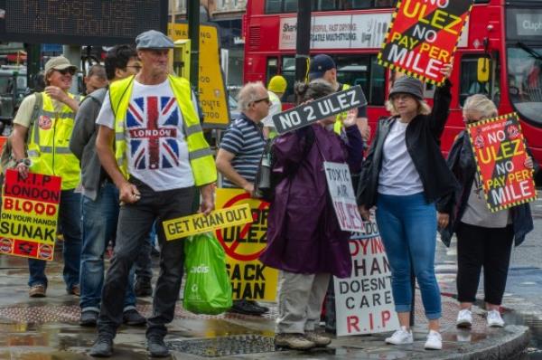 LONDON, ENGLAND - AUGUST 26: A protest at Tooting Broadway against the extension of the Ultra Low Emission Zone (ULEZ) and also Low Traffic neighbourhoods (LTN) by Lo<em></em>ndon Mayor Sadiq Khan and some Lo<em></em>ndon councils takes place on August 26, 2023 in London, England. (Photo by Guy Smallman/Getty Images)