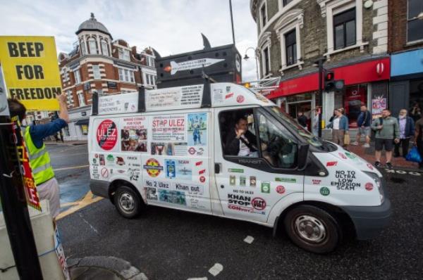 LONDON, ENGLAND - AUGUST 26: A protest at Tooting Broadway against the extension of the Ultra Low Emission Zone (ULEZ) and also Low Traffic neighbourhoods (LTN) by Lo<em></em>ndon Mayor Sadiq Khan and some Lo<em></em>ndon councils takes place on August 26, 2023 in London, England. (Photo by Guy Smallman/Getty Images)