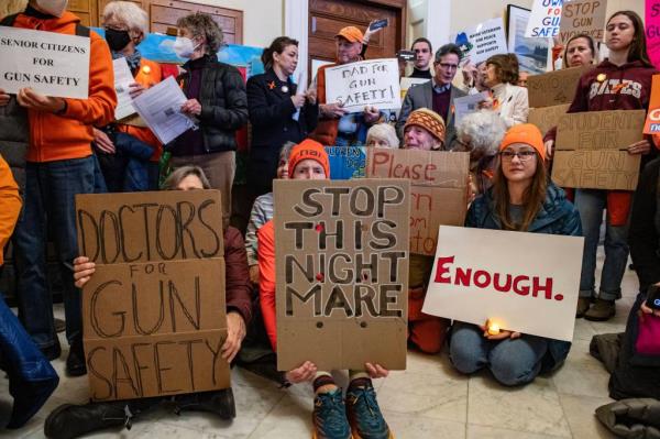 Gun safety supporters attend a gun safety rally at the State House in Augusta, Maine earlier this month.