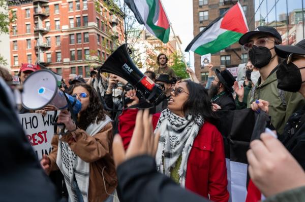 Anti-Israel protesters gathered outside of NYU buildings on May 3, 2024.