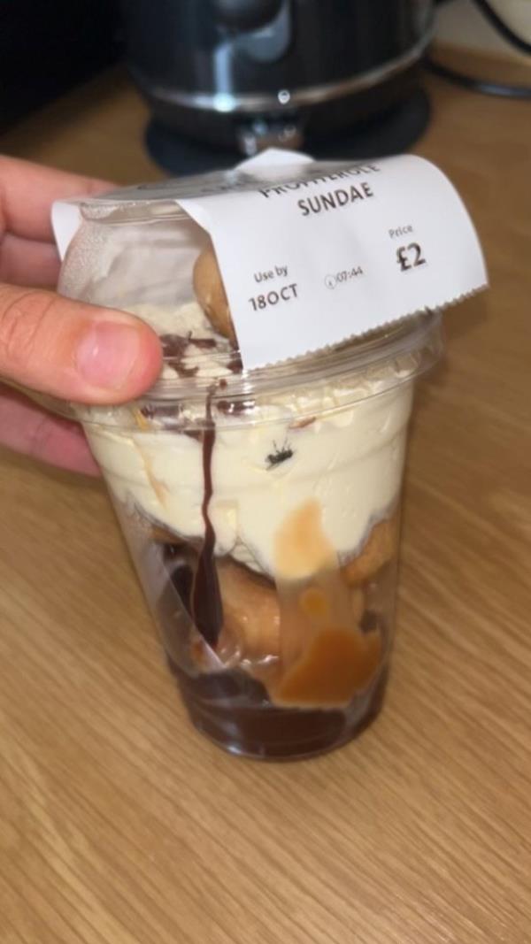 The fly squished in the cream of a Morrisons dessert. Northfleet, Kent, October 16th 2023. Release date - 19/10/23. See SWNS story SWLSfly. Photographs show a fly squished in the cream of a Morrisons dessert that a man bought as a surprise for his girlfriend. Security officer Andrew Lo<em></em>ngmore picked up a cream profiterole sundae for his girlfriend on his way home from work. But surprise turned to shock when 23-year-old Katie Co<em></em>nnolly spotted a big black fly trapped between the cream and the side of the clear tub. Ms Co<em></em>nnolly posted the grim picture o<em></em>nline and received a flood of comments from others who had similar issues from Morrisons on Coldharbour Road, Northfleet, Kent.