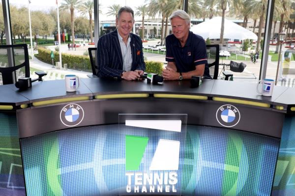 Tennis legend Bjorn Borg and Tennis Channel President Ken Solomon sitting together at the BNP Paribas Open event, Indian Wells, California