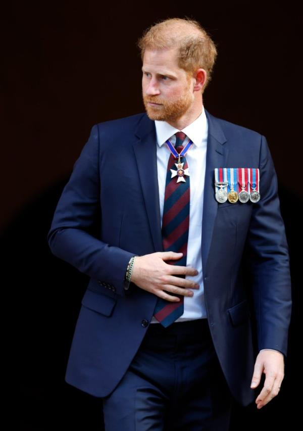 Prince Harry, Duke of Sussex, wearing a regimental tie and medals, attending the Invictus Games Foundation 10th Anniversary Service at St. Paul's Cathedral, London.