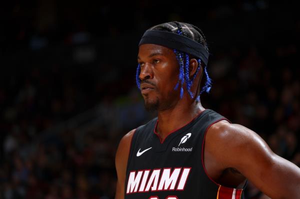 Jimmy Butler #22 of the Miami Heat looks on during the game against the Toro<em></em>nto Raptors on December 1, 2024 at the Scotiabank Arena in Toronto, Ontario, Canada. 