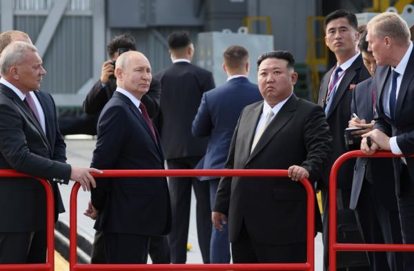 President Vladimir Putin and North Korea's leader Kim Jong Un examine a launch pad during their meeting at the Vostochny cosmodrome outside the city of Tsiolkovsky, a<em></em>bout 200 kilometers (125 miles) from the city of Blagoveshchensk in the far eastern Amur region, Russia, on Wednesday, Sept. 13, 2023.