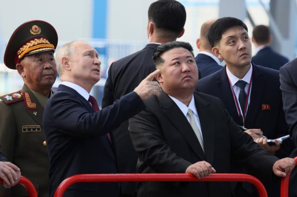 Putin and North Korea's leader Kim Jong Un examine a launch pad during their meeting at the Vostochny cosmodrome outside the city of Tsiolkovsky, a<em></em>bout 200 kilometers (125 miles) from the city of Blagoveshchensk in the far eastern Amur region, Russia, on Wednesday, Sept. 13, 2023.